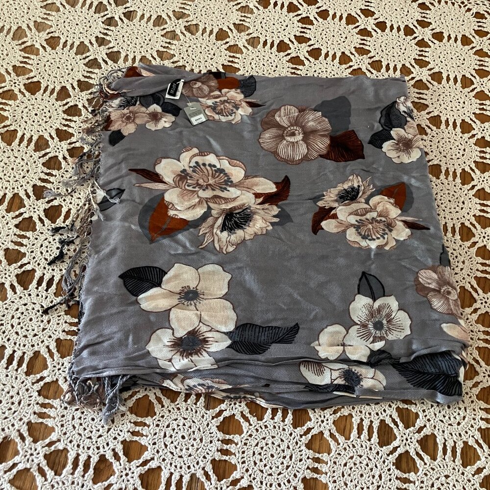 New with Tag Apt. 9 Fringed Floral Rayon Scarf Grays and Browns